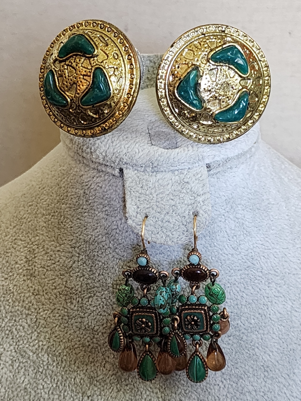2 Sets Earrings - Gold-Tone and Teal Clip and Turquoise and Brown Dangle Pierced